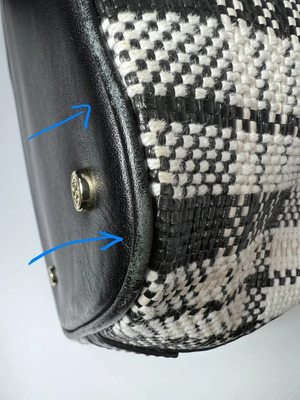 TORY‎ BURCH Robinson Woven Plaid Open Dome Satchel - Black/Beige/White